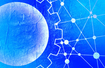 Molecule And Communication Background. Modern brochure or report design template. Field for text as gear icon. Connected lines with dots. Technology and science background. Grunge distress texture.