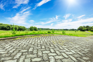 Flooring brick footpath in green park