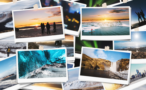 Collage of traveling picture photograph in Iceland, keeping best memories of happy day 
