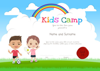 Colorful kids summer camp diploma certificate template in cartoon style with smiling boy and girl
