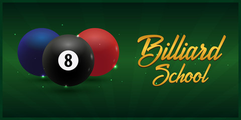 Billiard school poster on a green background. Vector illustration.