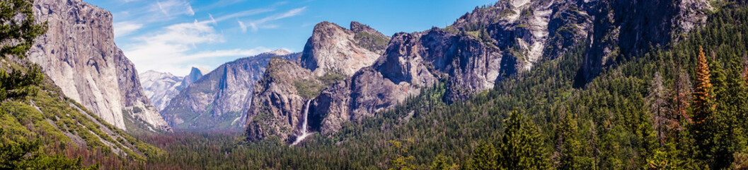 Summer trip to Yosemite National Park. Picturesque panorama of the park