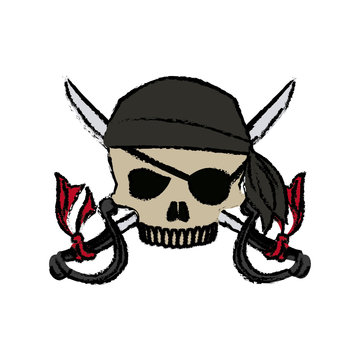 cartoon pirate skull hat patch eye with cross swords