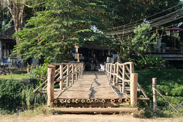 The bamboo bridge across Pai River, Pai, Mae Hong Son, Northern Thailand.