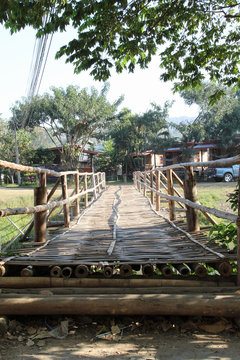 The bamboo bridge across Pai River, Pai, Mae Hong Son, Northern Thailand. © noomcm