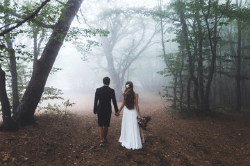 Bride and groom walking in autumn forest. Amazing autumn fog and  mystery mood. Beautiful nature...