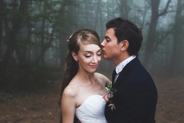 Bride and groom walking in autumn forest. Amazing autumn fog and  mystery mood. Beautiful nature around