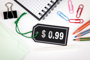 0.99 dollar cent. Price tag with string on a white background.