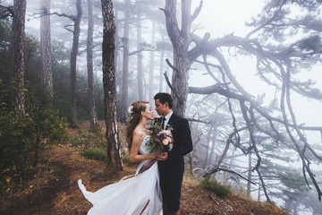Wedding in a mysterious forest. Newlyweds walk in the fog, autumn mood