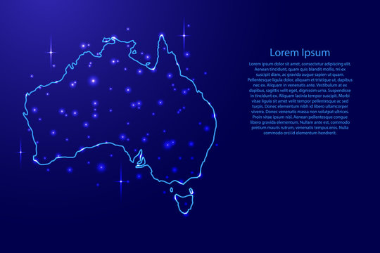 Map Australia from the contours network blue, luminous space stars of vector illustration