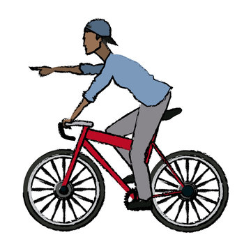 man pointing riding bicycle transport