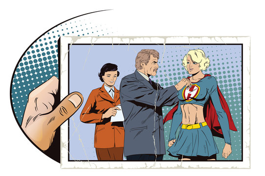 Beautiful girl superhero awarded a medal. Stock illustration.
