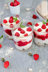 Tiramisu with raspberry in glasses on grey background. Three portion. Italian dessert