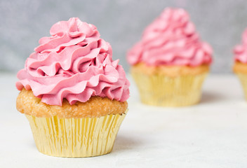 Pink cupcakes with roses and holiday cake. Festive and bright. Wedding Celebration concept.