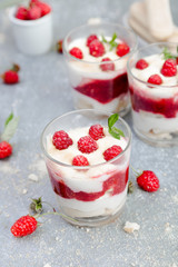 Tiramisu with raspberry in glasses on grey background. Three portion. Italian dessert