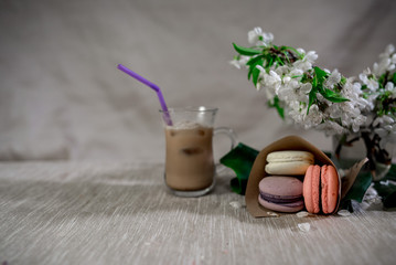 Multicolored macarons in metal silver vase on a pastel background with hot cocoa drink
