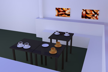 3D-Rendering einer Halle mit dunklen, spiegelnden Tischen, mit weißen und goldenen Kaffeetassen - jeweils mit Untertasse - und beleuchteten Bildern von gerösteten Kaffeebohnen an der Wand