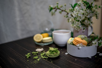 Crushed pastel, orange and green macaroons on a wood background with whole one in white plate with jug with flowers on the back