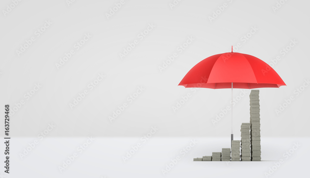 Poster 3d rendering of an open red umbrella on white background covering several stacks of money placed as 