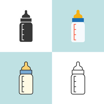 baby milk bottle in various design, outline icon, silhouette and flat design
