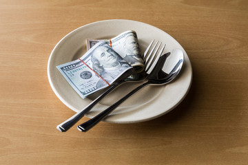Plate full of money with fork and knife, Business concept.