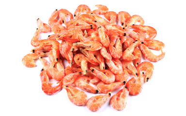Frozen fresh shrimp on white background (isolated). Snack to beer. Close up
