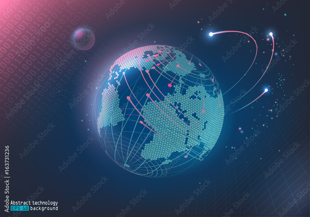 Poster glow effect. stars, comets and satellites. digital space. planet earth and the moon. communication, 