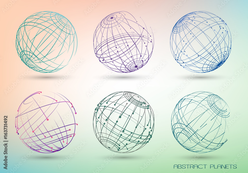 Poster set of colored abstract images of planets. frame geometric shapes from points and lines. templates f