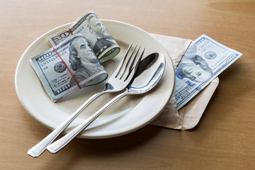 Money on plate with fork and knife, Business concept.