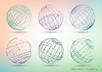 Set of colored abstract images of planets. Frame geometric shapes from points and lines. Templates for registration of design projects. Web technologies, communication and the Internet.