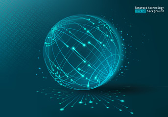 Fototapeta premium Web Technology. Abstract planet. Futuristic background with dots and lines. Vector illustration. Glow effect. Digital space. Blue background. Point and curve constructed sphere wire frame.