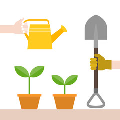 hand with glove handle shovel and watering can with pot of tree, flat design for planting and gardening concept