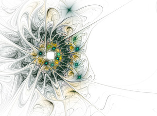 Abstract fractal flower computer generated image. Green yellow flower on white background. Copy space