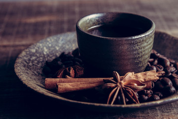 Coffee beans of popular drinks with filter effect retro vintage style