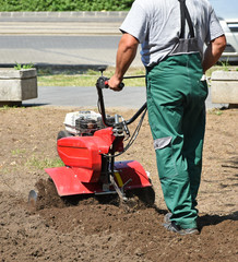Gardener works with a tiller machinery