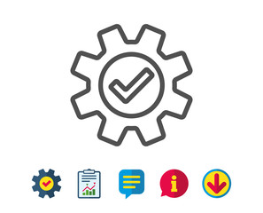 Cogwheel line icon. Approved Service sign. Transmission Rotation Mechanism symbol. Report, Service and Information line signs. Download, Speech bubble icons. Editable stroke. Vector