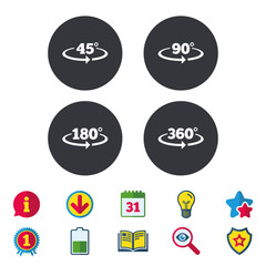 Angle 45-360 degrees icons. Geometry math signs symbols. Full complete rotation arrow. Calendar, Information and Download signs. Stars, Award and Book icons. Light bulb, Shield and Search. Vector