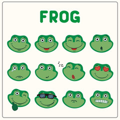 Emoticons set face of frog in cartoon style. Collection isolated funny muzzle frog with different emotion.