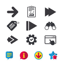 Arrow icons. Next navigation arrowhead signs. Direction symbols. Browser window, Report and Service signs. Binoculars, Information and Download icons. Stars and Chat. Vector