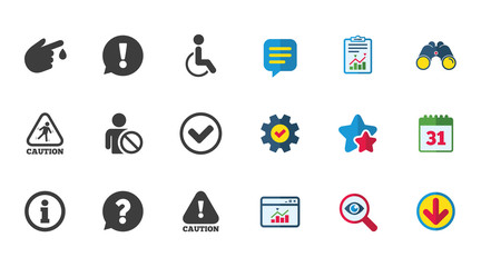 Caution and attention icons. Question mark and information signs. Injury and disabled person symbols. Calendar, Report and Download signs. Stars, Service and Search icons. Vector