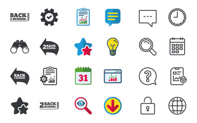 Back to school icons. Studies after the holidays signs. Pencil symbol. Chat, Report and Calendar signs. Stars, Statistics and Download icons. Question, Clock and Globe. Vector