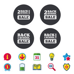 Obraz premium Back to school sale icons. Studies after the holidays signs. Pencil symbol. Calendar, Information and Download signs. Stars, Award and Book icons. Light bulb, Shield and Search. Vector