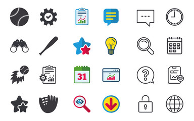 Baseball sport icons. Ball with glove and bat signs. Fireball symbol. Chat, Report and Calendar signs. Stars, Statistics and Download icons. Question, Clock and Globe. Vector