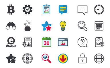 Bitcoin icons. Electronic wallet sign. Cash money symbol. Chat, Report and Calendar signs. Stars, Statistics and Download icons. Question, Clock and Globe. Vector