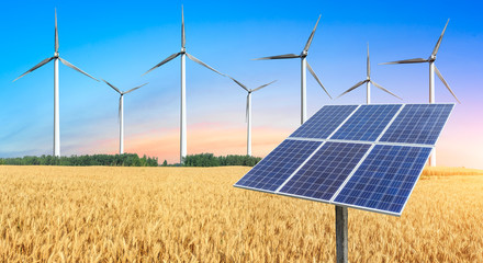 Ripe wheat field and wind power generation landscape at sunset © ABCDstock