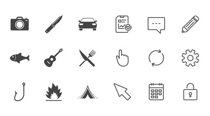 Camping travel icons. Fishing, campfire and tourist tent signs. Guitar music, fork and knife symbols. Chat, Report and Calendar line signs. Service, Pencil and Locker icons. Click, Rotation and Cursor