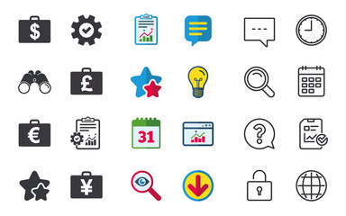 Businessman case icons. Cash money diplomat signs. Dollar, euro and pound symbols. Chat, Report and Calendar signs. Stars, Statistics and Download icons. Question, Clock and Globe. Vector