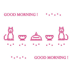 Cute vector illustration cross embroidery of dish with lid, two cups and two cats.