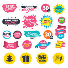 Sale shopping banners. Happy new year icon. Christmas tree and gift box signs. Fireworks rocket symbol. Web badges, splash and stickers. Best offer. Vector