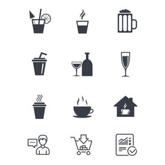 Tea, coffee and beer icons. Beer, wine and cocktail signs. Take away drinks. Customer service, Shopping cart and Report line signs. Online shopping and Statistics. Vector